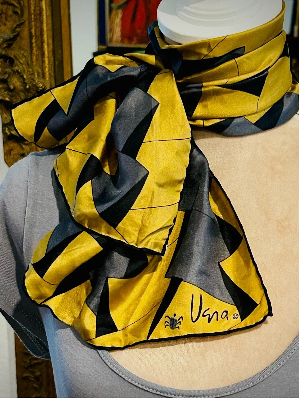 Vintage Vera Neumann MCM geometric print oblong silk scarf with Ladybug Logo